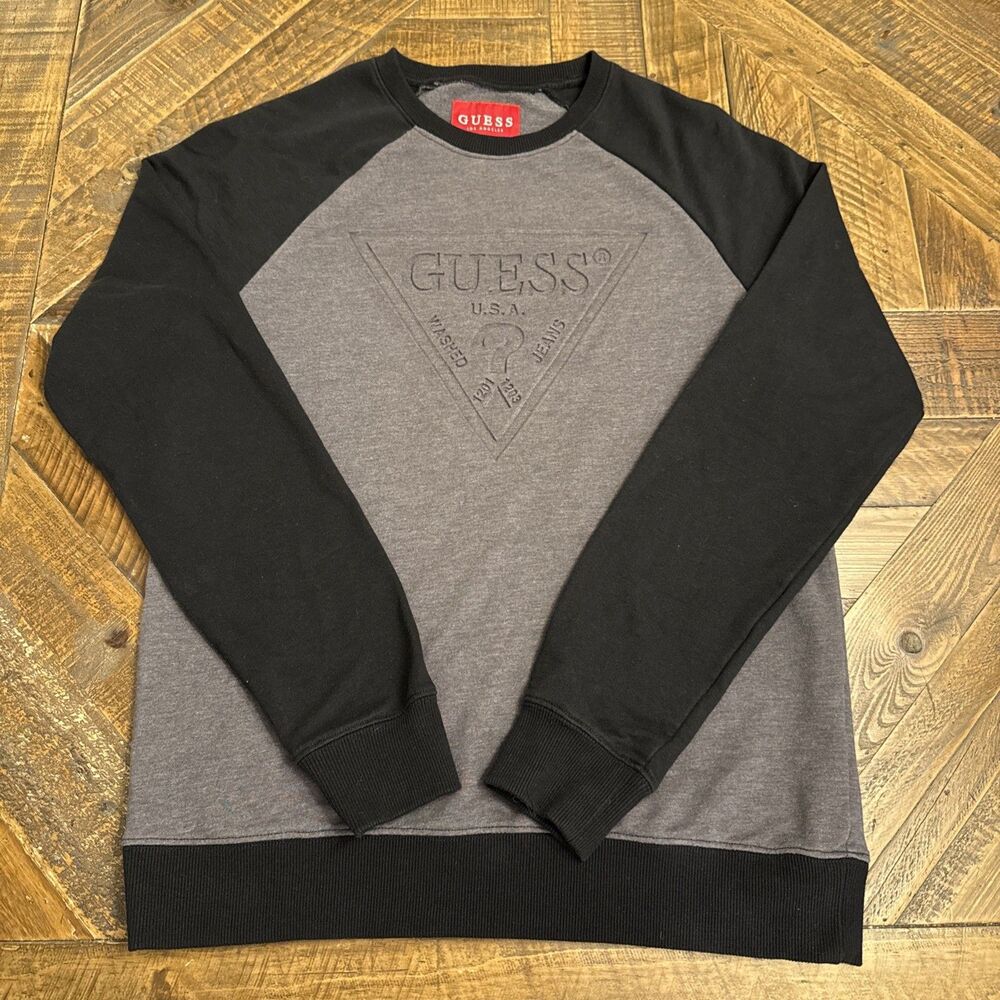GUESS Men’s Small Crewneck Sweatshirt Black Gray Logo Pullover